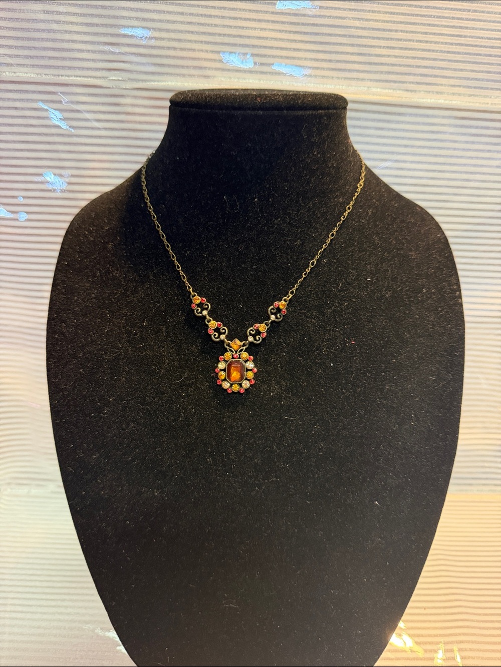 Source Unknown Gold Necklace with Red and Amber Accents